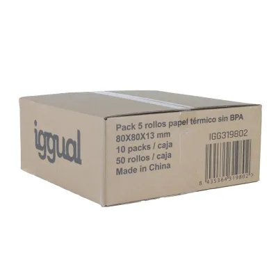 iggual Pack 50 Rollos Papel Térmico sin BPA 80x80mm
