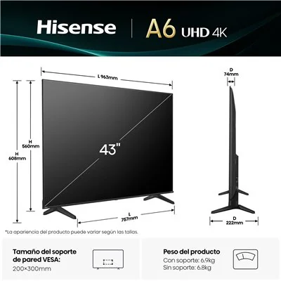 Hisense Serie A6Q TV 4K 43A6Q 43" UHD VIDAA WiFi, Smart TV Hisense Serie A6Q TV 4K 43A6Q 43" UHD VIDAA WiFi, Smart TV
