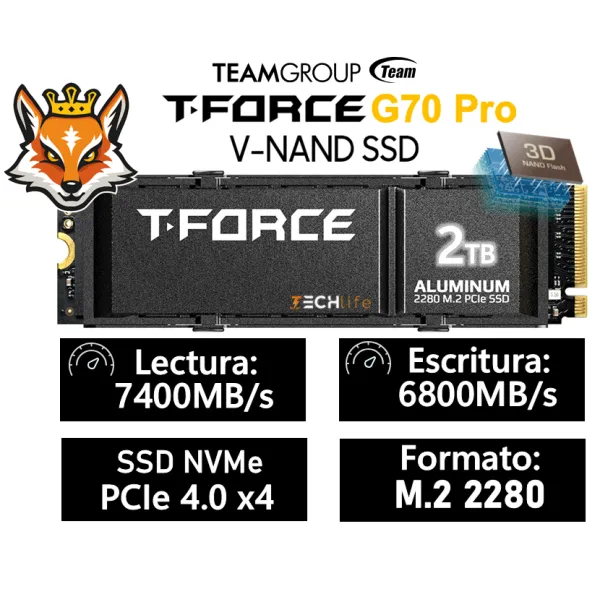 TeamGroup T-Force G70 PRO SSD 2TB NVMe PCIe 4.0 x4 a 7400/6800MB/s disipador Aluminio