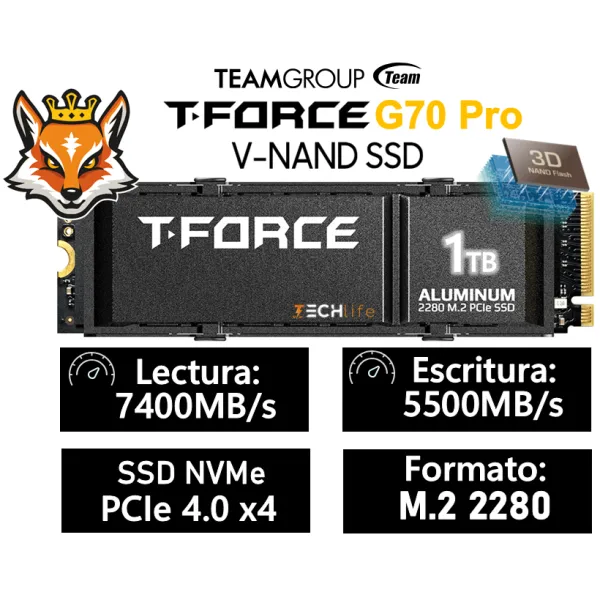 TeamGroup T-Force G70 PRO SSD 1TB NVMe PCIe 4.0 x4 a 7400/6600MB/s disipador Aluminio