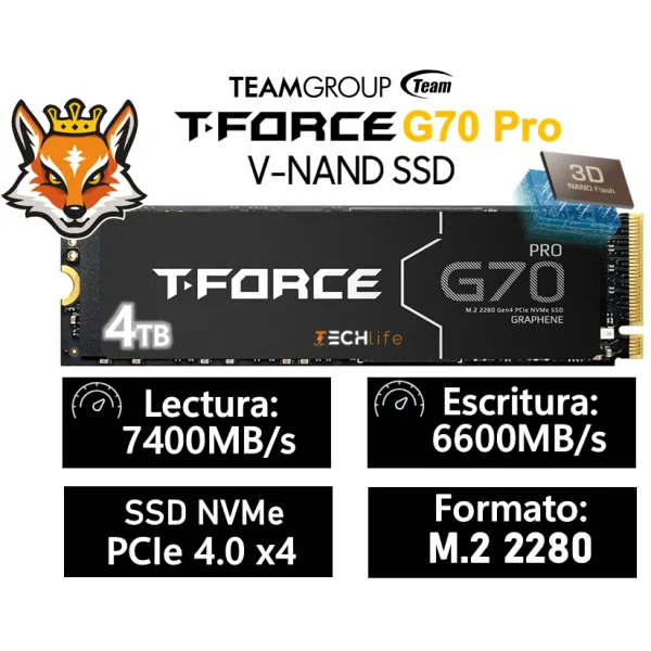 TeamGroup T-Force G70 PRO SSD 4TB disipador Grafeno NVMe PCIe 4.0 x4 a 7400/6600MB/s
