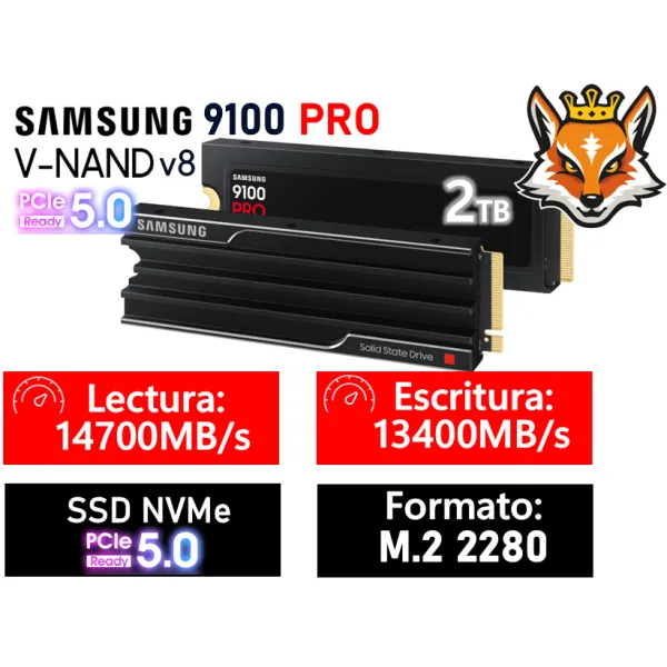 Samsung 9100 PRO con Disipador 2TB SSD M.2 PCIe 5.0 x4 NVMe 2.0 a 14700 MB/s