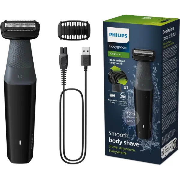 Philips Afeitadora Corporal Masculina, Bodygroom Serie 3000 BG3017, Impermeable, con 1 Peine-guía, 50 min de Autonomía, Gris/