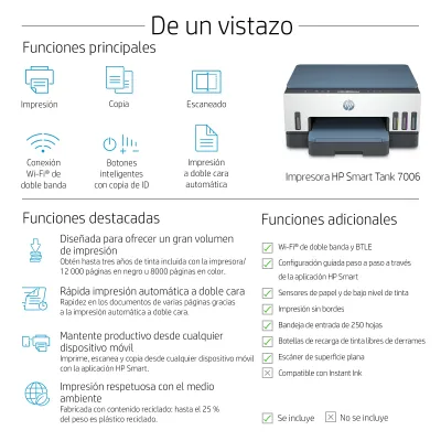 HP Smart Tank 7006 Impresora Multifunción Color Dúplex WiFi + 3 HP Smart Tank 7006 Impresora Multifunción Color Dúplex WiFi + 3